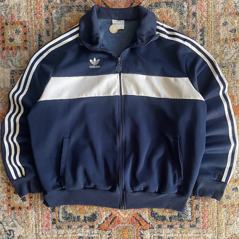80’s Adidas Men's Navy and White Bomber Jacket